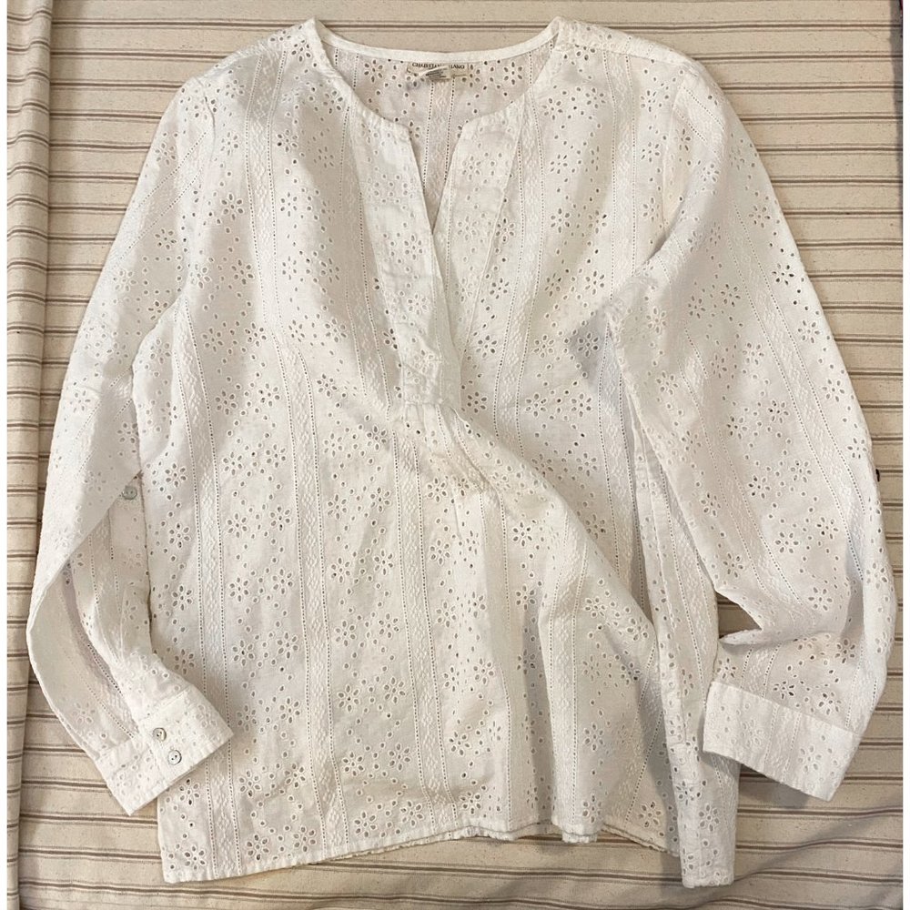 Christian Siriano White Eyelet Split Neck Blouse, Size LARGE